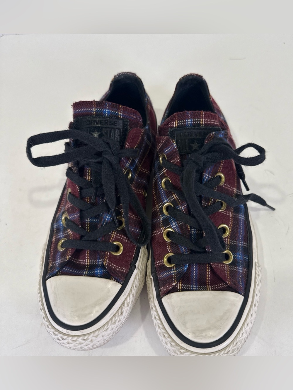 Converse Chuck Taylor All Star Low Top Plaid Maroon Blue Womens Size 5.5